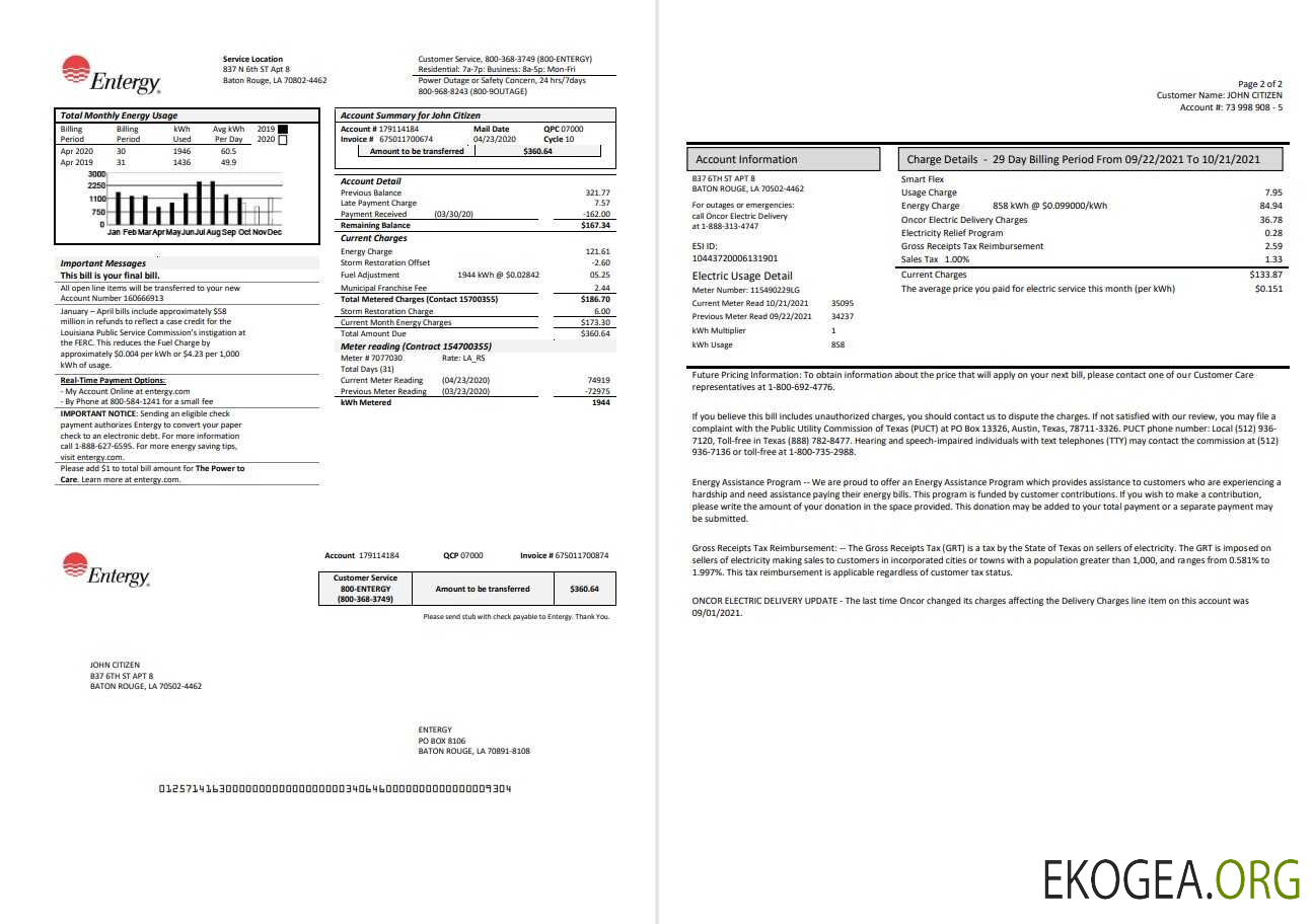 USA Entergy electricity utility bill template in Word and PDF format (2 pages)
